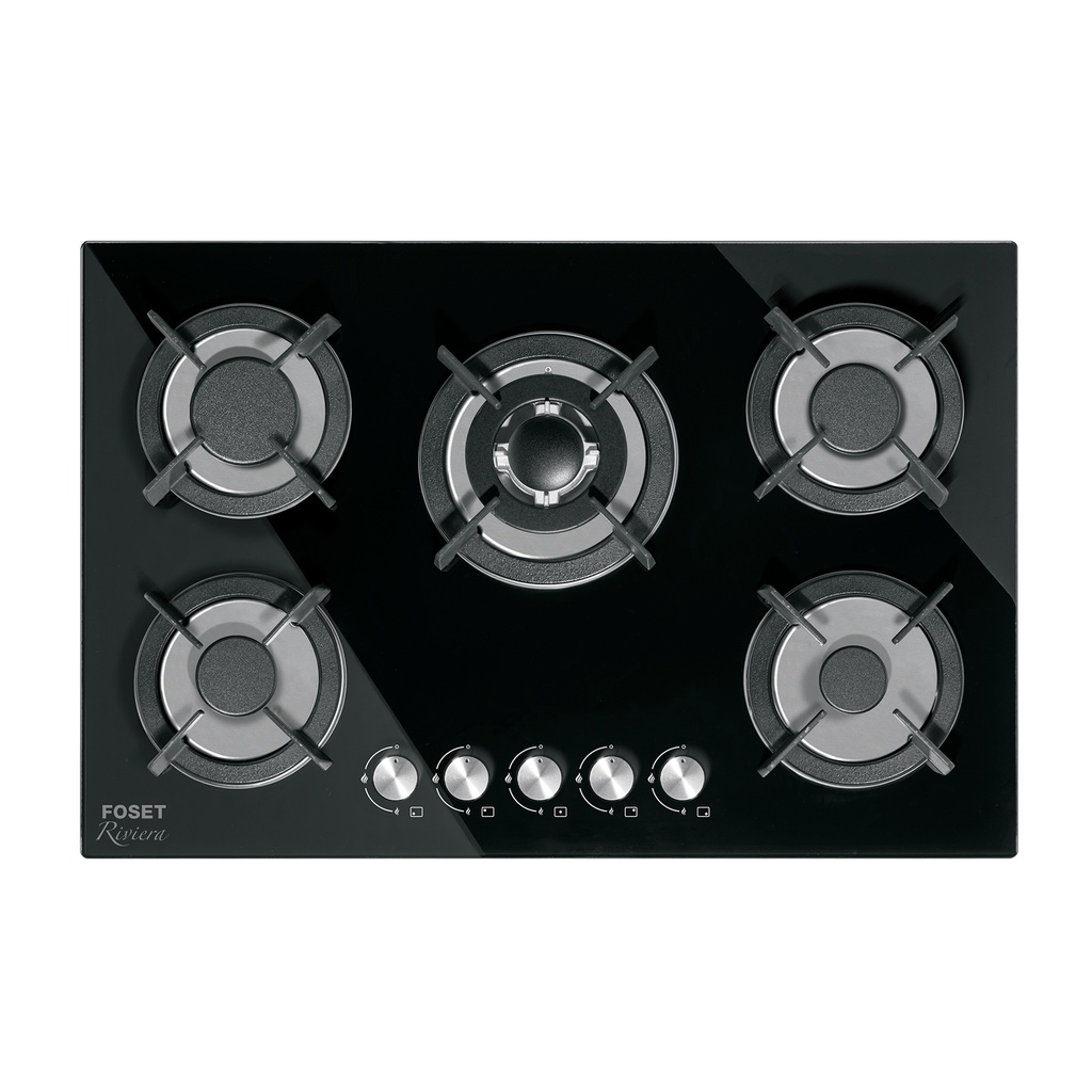 Parrilla gas empotrable 75cm, 5 quem, vidrio negro, RIVIERA