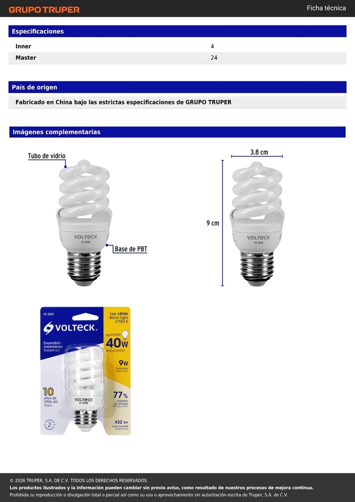 Lámpara espiral mini T2 9 W luz cálida en blíster, VOLTECK