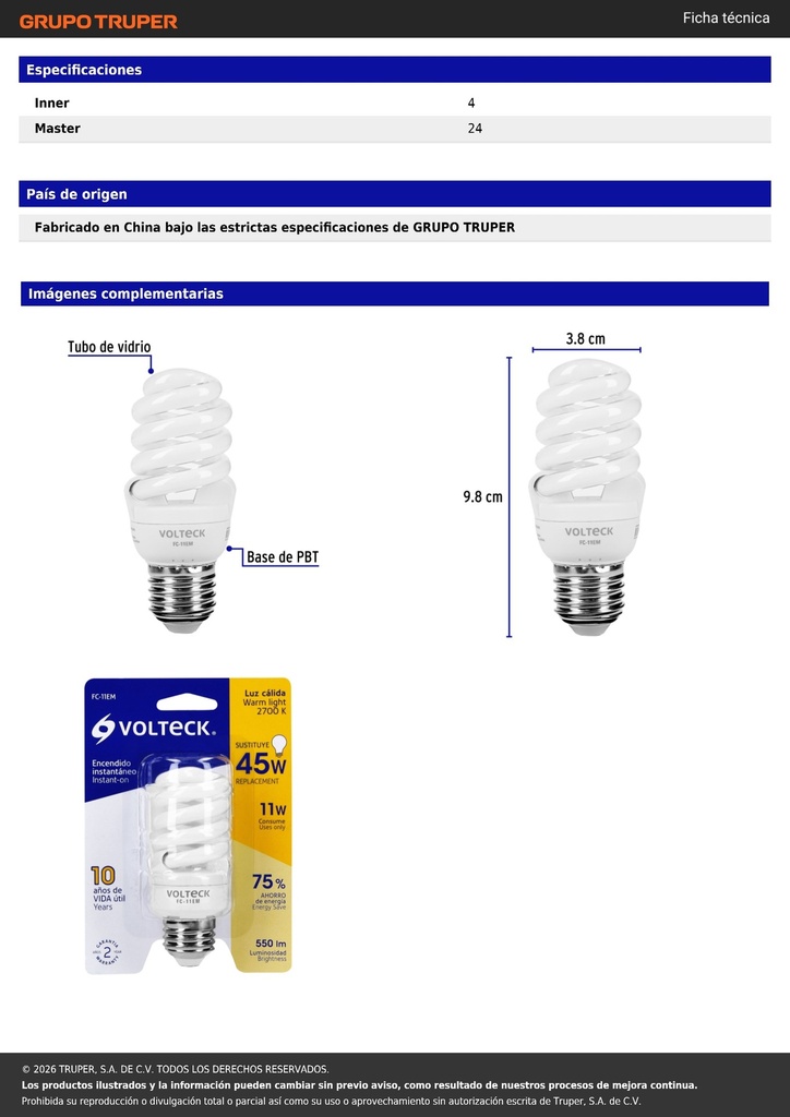 Lámpara espiral mini T2 11 W luz cálida en blíster, VOLTECK