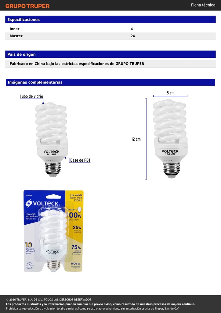 Lámpara espiral mini T2 25 W luz cálida en blíster, VOLTECK