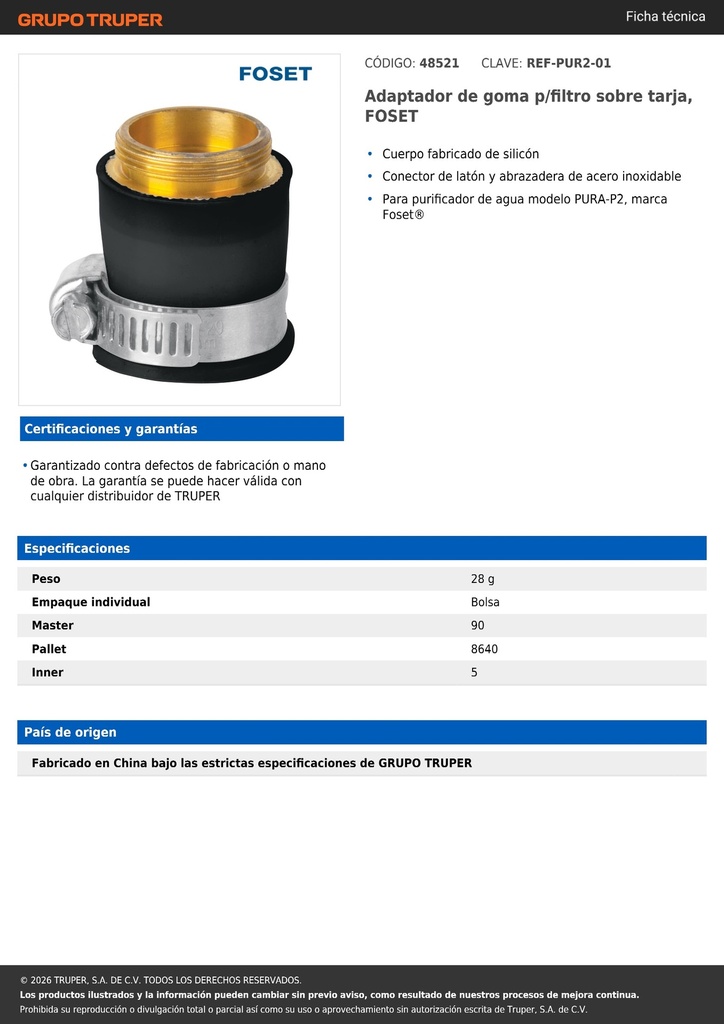 Adaptador de goma p/filtro sobre tarja, FOSET