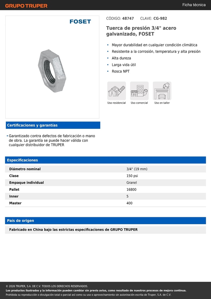 Tuerca de presión 3/4' acero galvanizado, FOSET