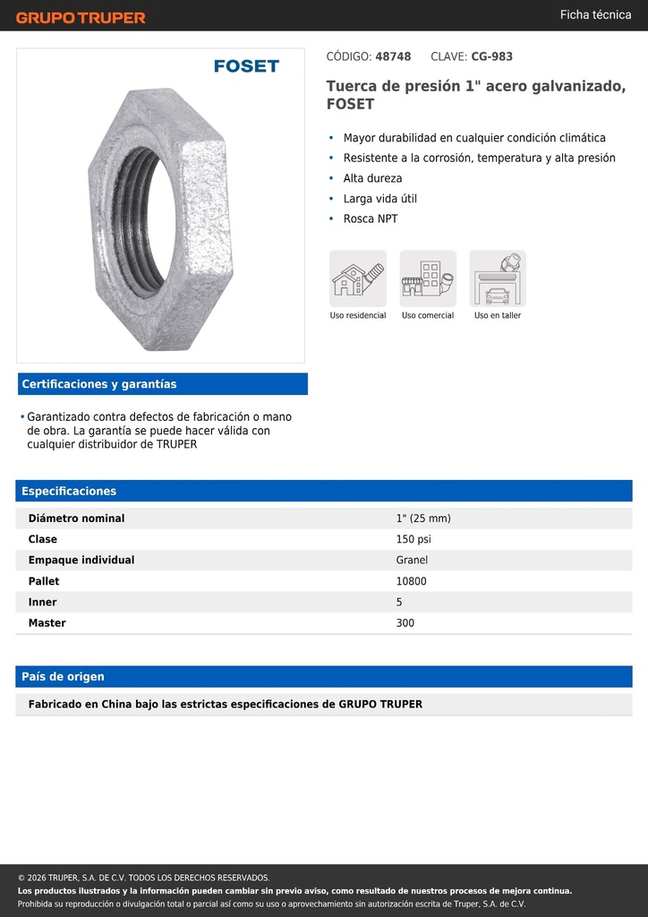 Tuerca de presión 1' acero galvanizado, FOSET