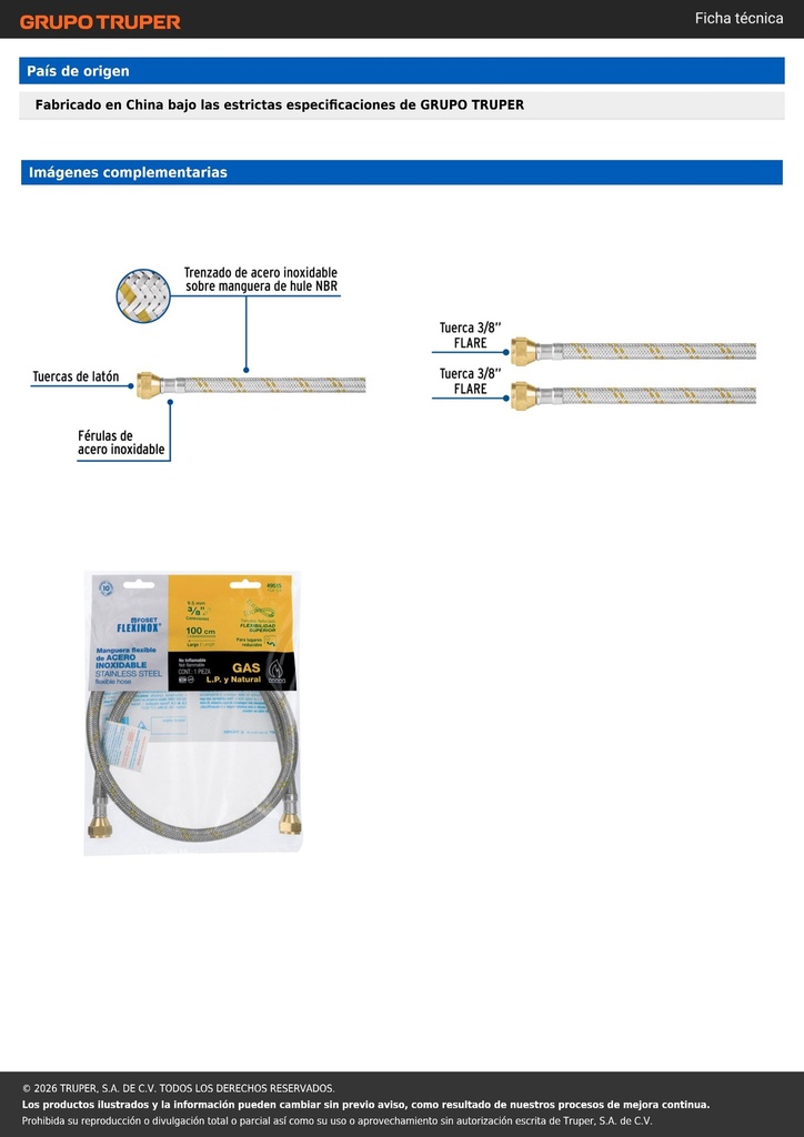 Manguera para gas, acero inox, 3/8' flare, 100 cm, FOSET