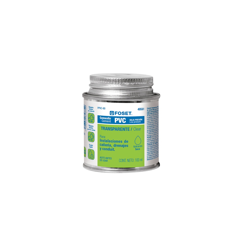 Cemento p/PVC, transparente, baja presión, lata 90ml, FOSET