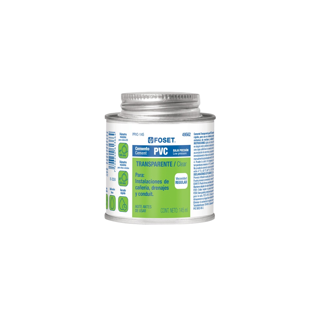 Cemento p/PVC, transparente, baja presión, lata 145ml, FOSET