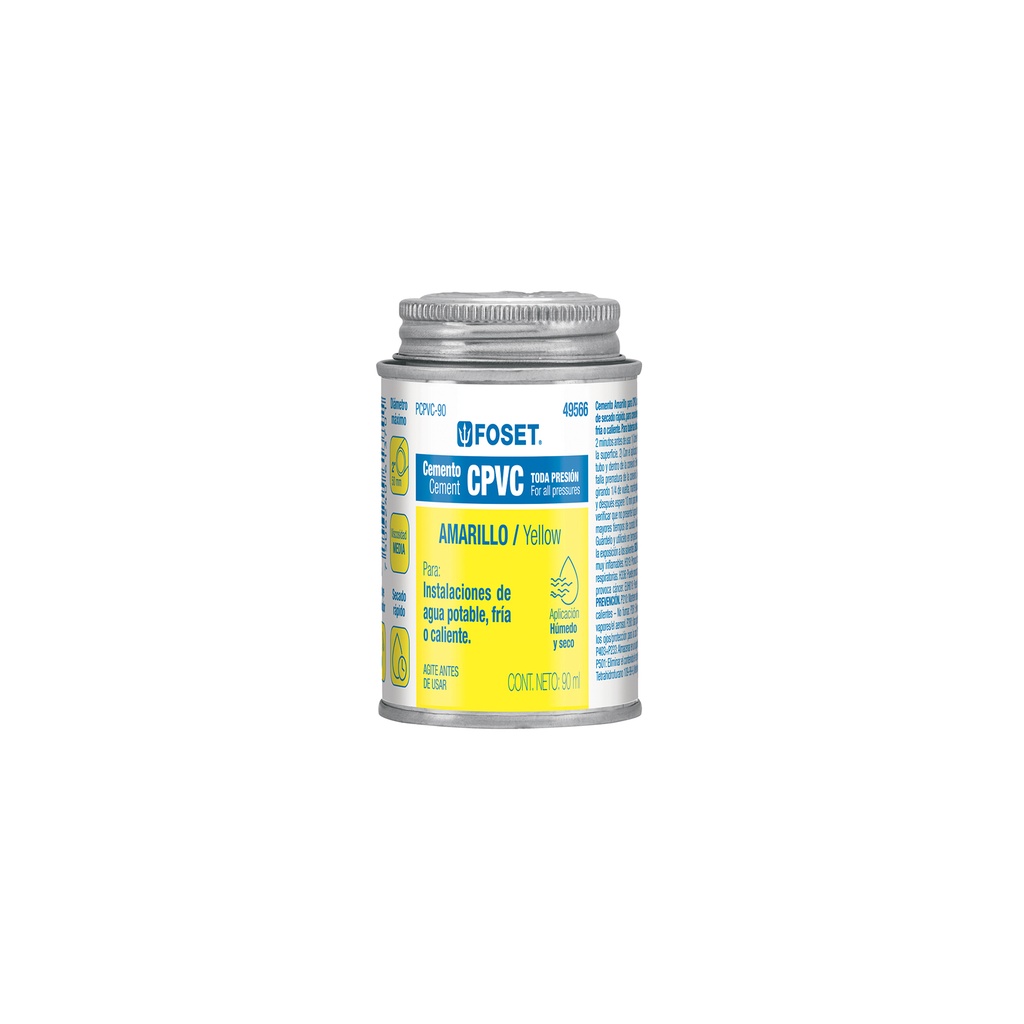 Cemento p/CPVC, amarillo, toda presión, lata 90ml, FOSET