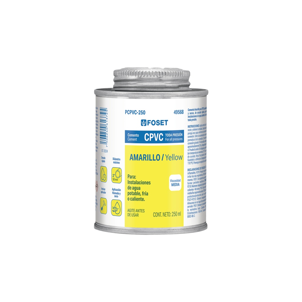 Cemento p/CPVC, amarillo, toda presión, lata 250ml, FOSET