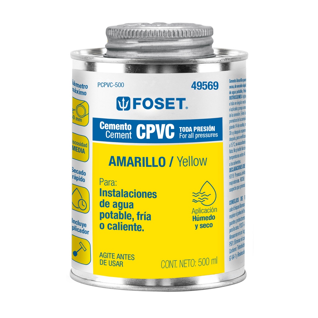 Cemento p/CPVC, amarillo, toda presión, lata 500ml, FOSET