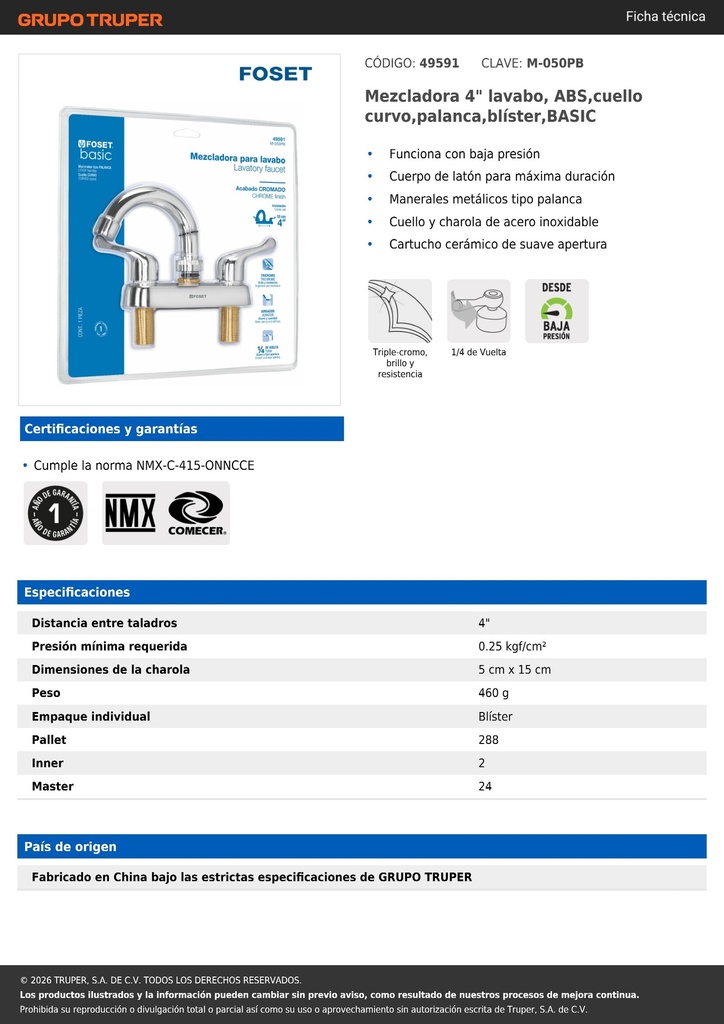 Mezcladora 4' lavabo, ABS,cuello curvo,palanca,blíster,BASIC