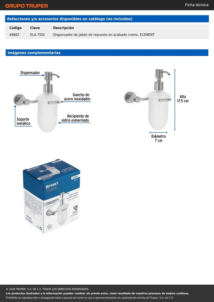 Dispensador de jabón a pared en acabado cromo, FOSET ELEMENT