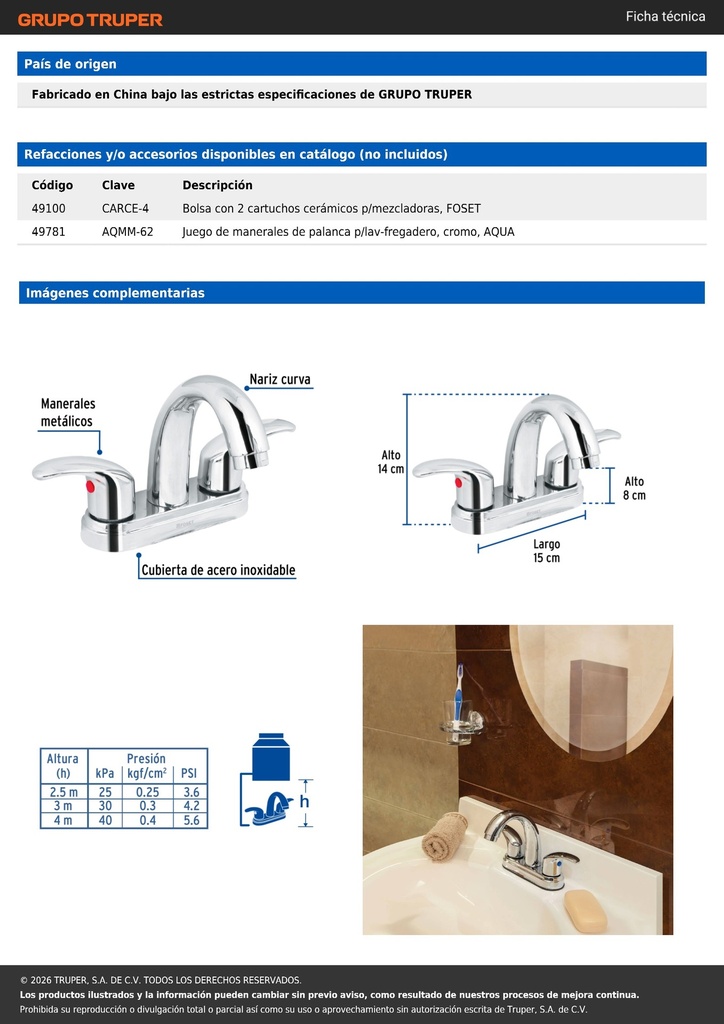 Mezcladora lavabo 4' cromo, nariz curva, palanca, AQUA