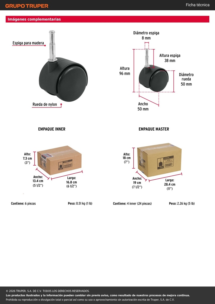 Rodaja tipo yoyo de 50 mm con espiga para madera, FIERO