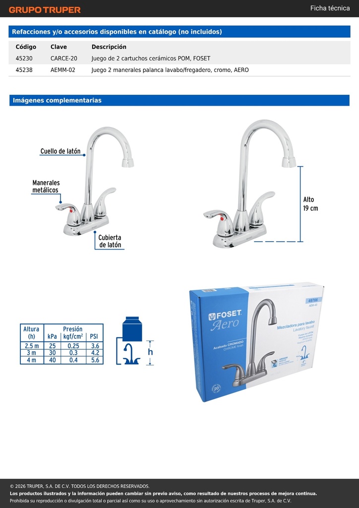 Mezcladora 4' cuello tipo bar para lavabo, FOSET AERO