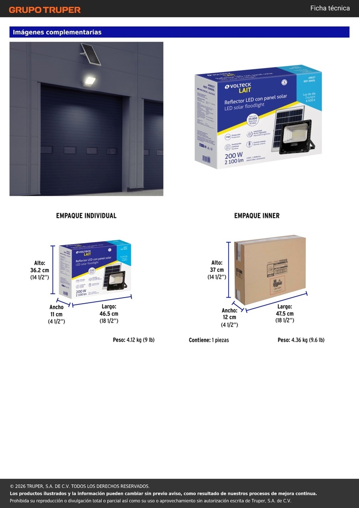 Reflector LED con panel solar 200W 6500K, VOLTECK