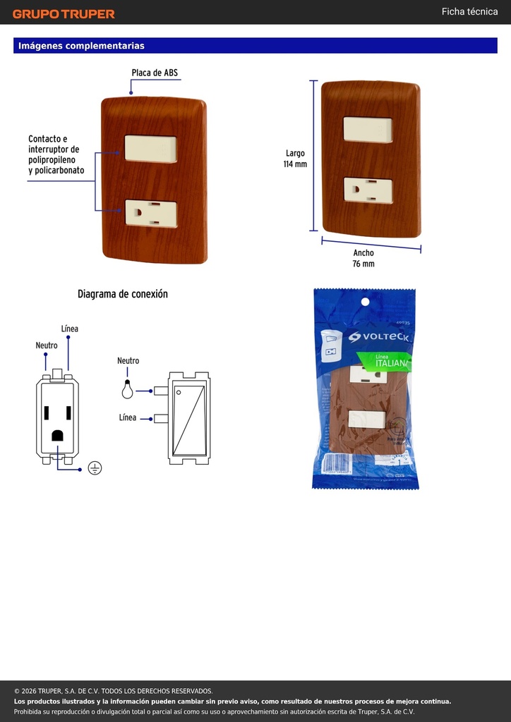Placa armada contacto e interruptor, madera, línea Italiana