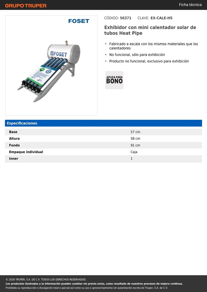 Exhibidor con mini calentador solar de tubos Heat Pipe