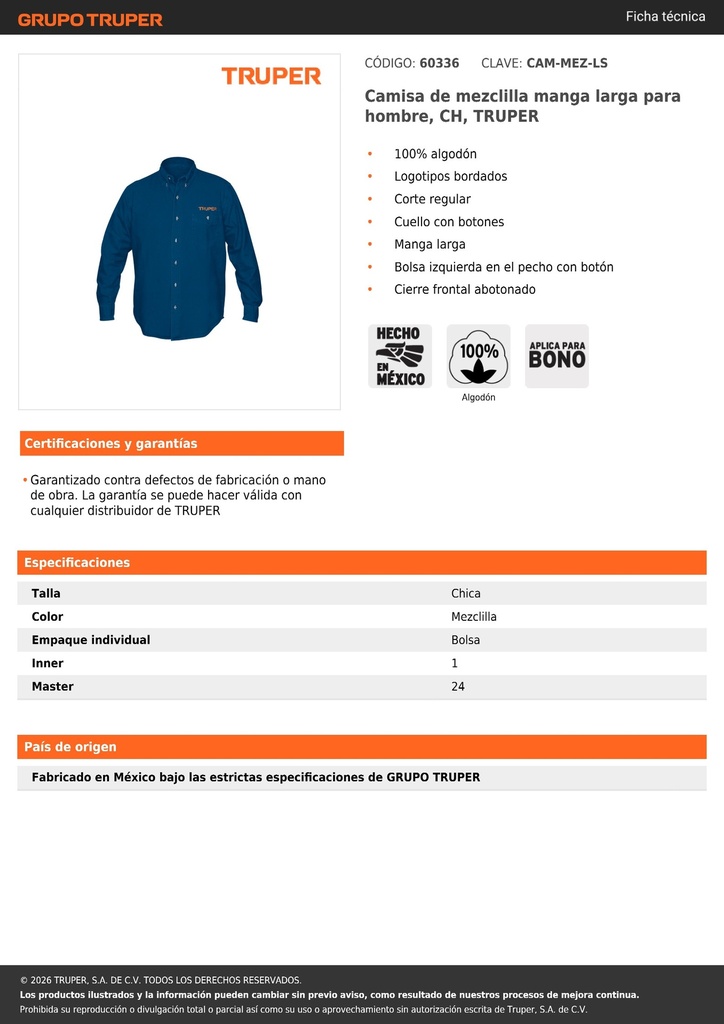 Camisa de mezclilla manga larga para hombre, CH, TRUPER