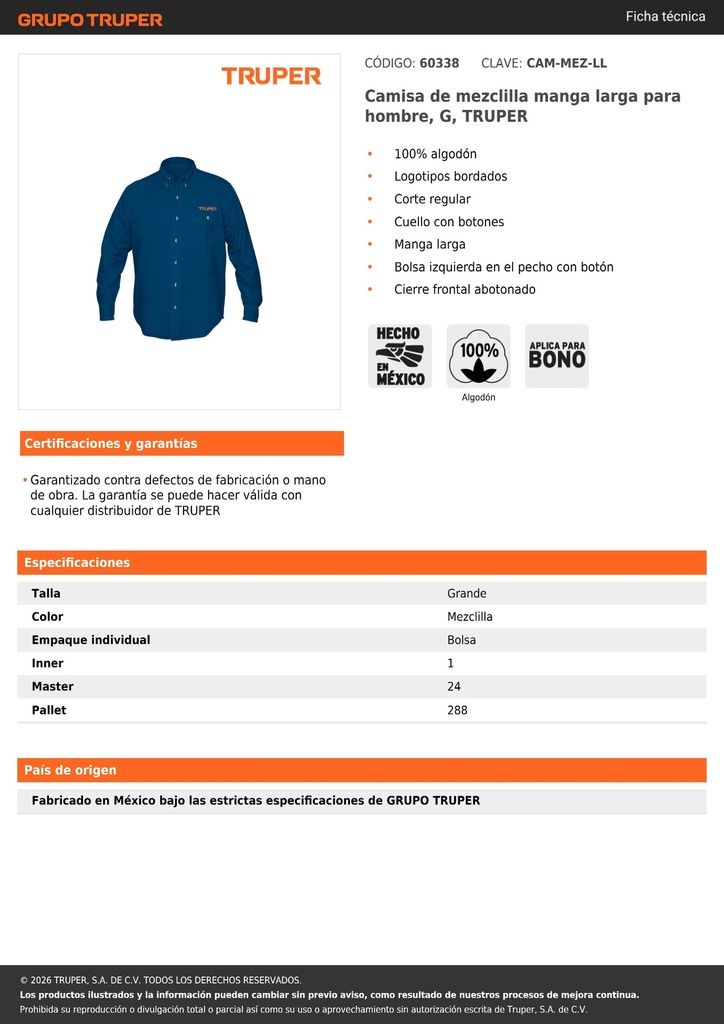 Camisa de mezclilla manga larga para hombre, G, TRUPER