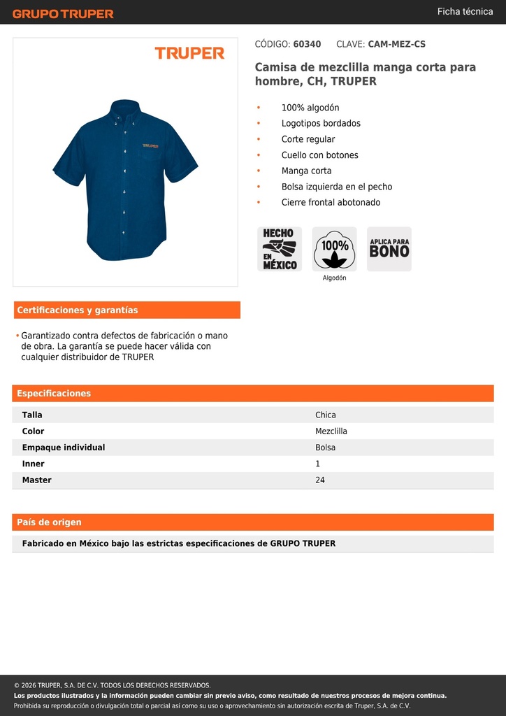 Camisa de mezclilla manga corta para hombre, CH, TRUPER