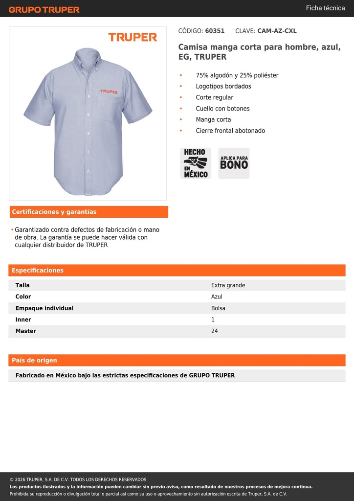 Camisa manga corta para hombre, azul, EG, TRUPER