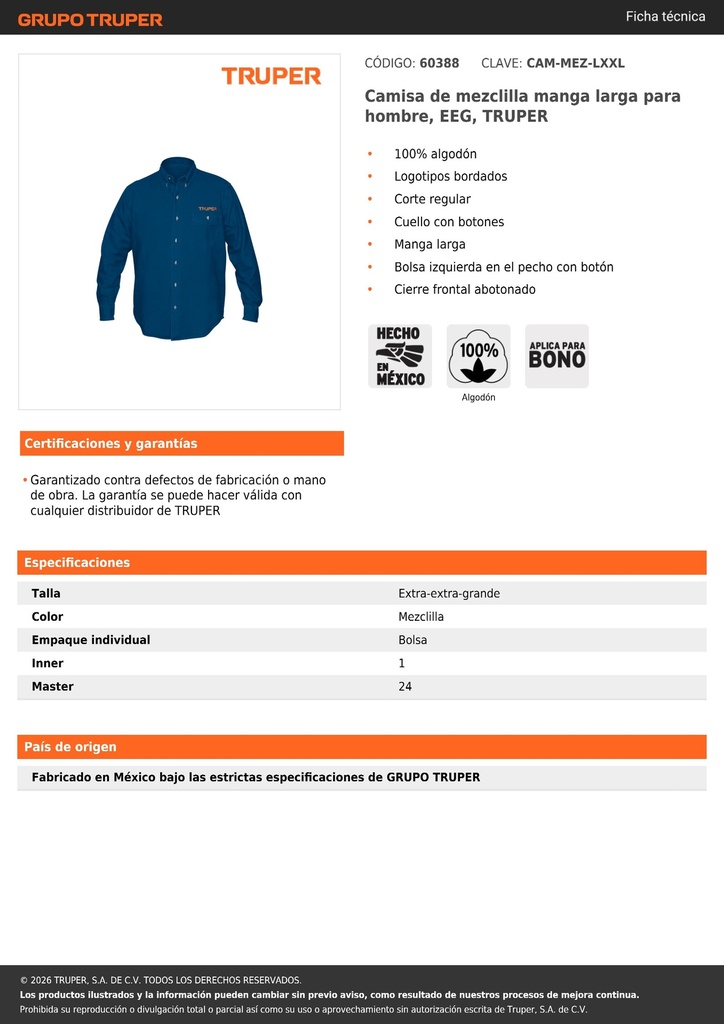 Camisa de mezclilla manga larga para hombre, EEG, TRUPER