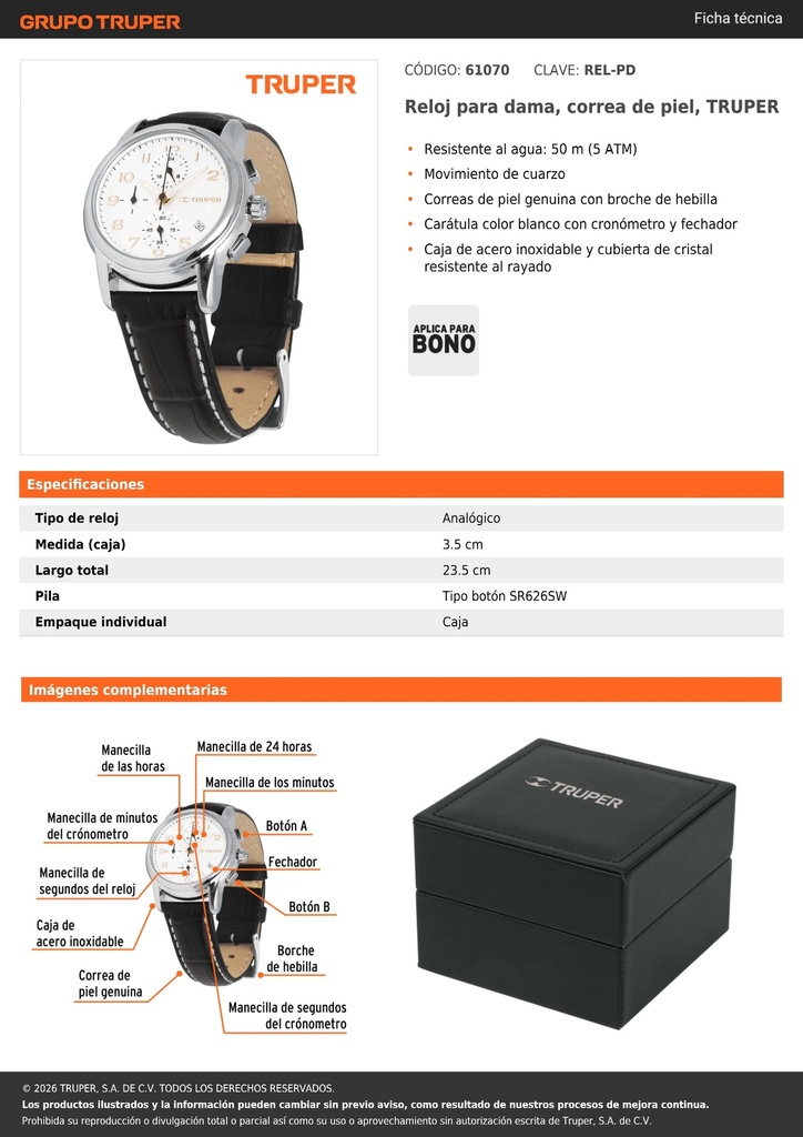 Reloj para dama, correa de piel, TRUPER