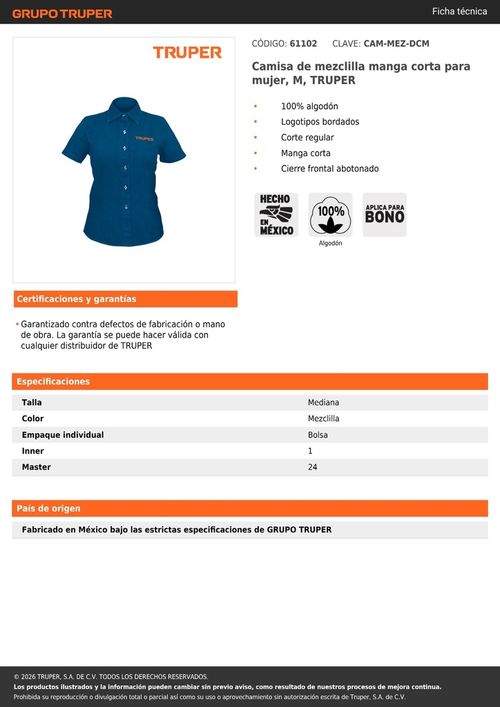 Camisa de mezclilla manga corta para mujer, M, TRUPER