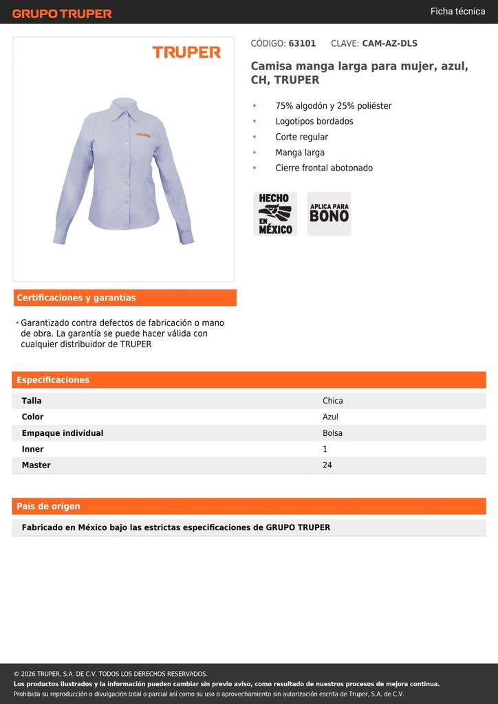 Camisa manga larga para mujer, azul, CH, TRUPER