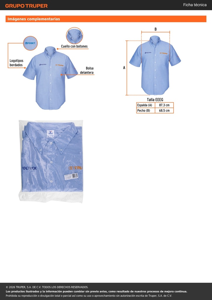 Camisa manga corta para hombre, azul, EEEG, TRUPER