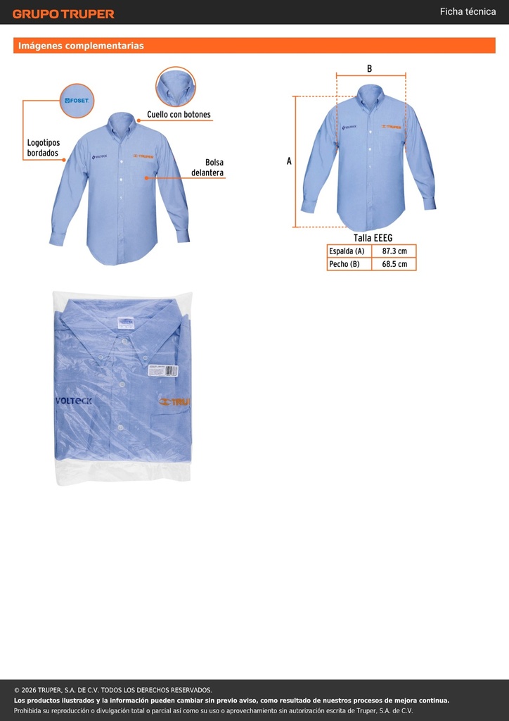 Camisa manga larga para hombre, azul, EEEG, TRUPER