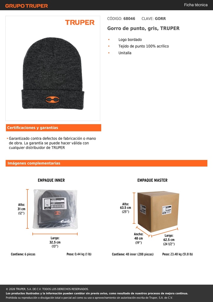 Gorro de punto, gris, TRUPER