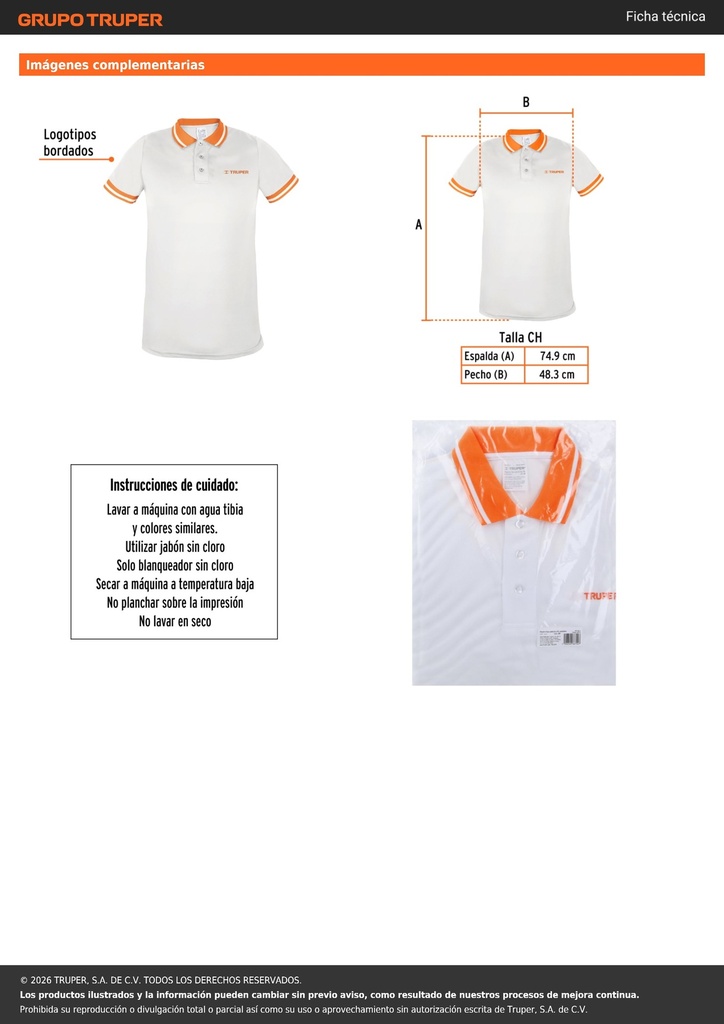 Playera polo performance para hombre, blanca, CH, TRUPER