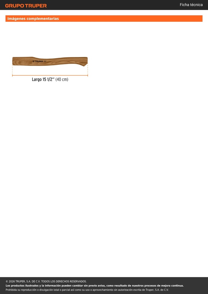 Mango hickory 15' para hacha Europea 800 g, TRUPER