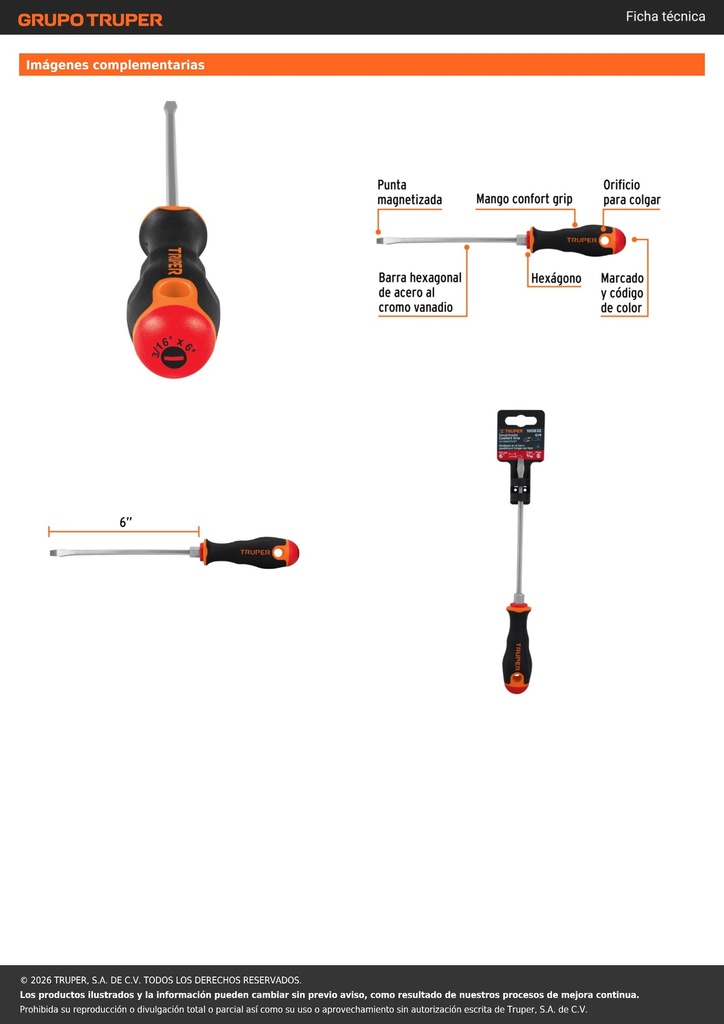 Desarmador plano 3/16' x 6' mango Comfort Grip, TRUPER