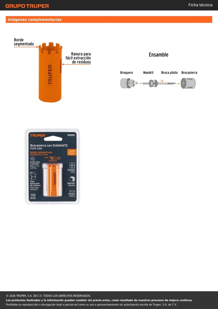 Brocasierra diamante 7/8' borde segmentado, TRUPER