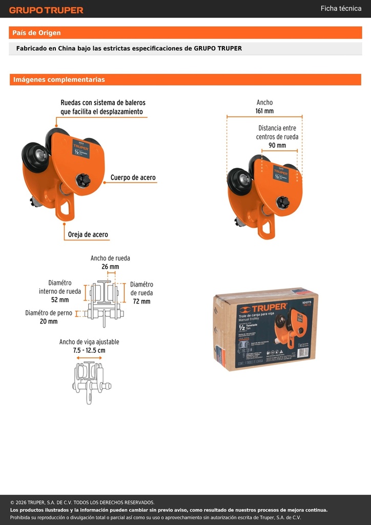 Trole de carga 1/2 ton para vigas IPS e IPR, ajustable