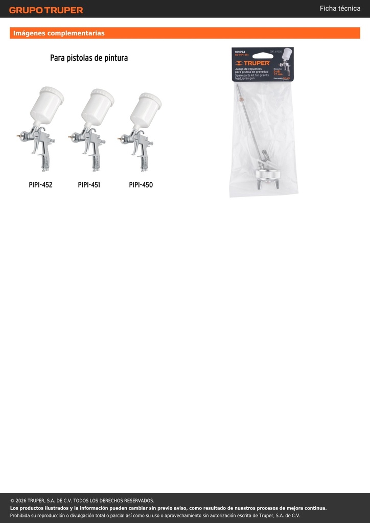 Repuestos para pistola para pintar PIPI-451, TRUPER
