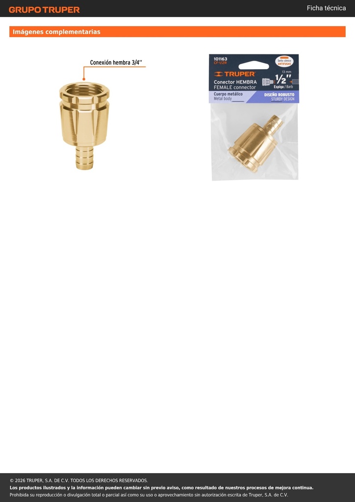 Conector 1/2' hembra robusto de aluminio, TRUPER