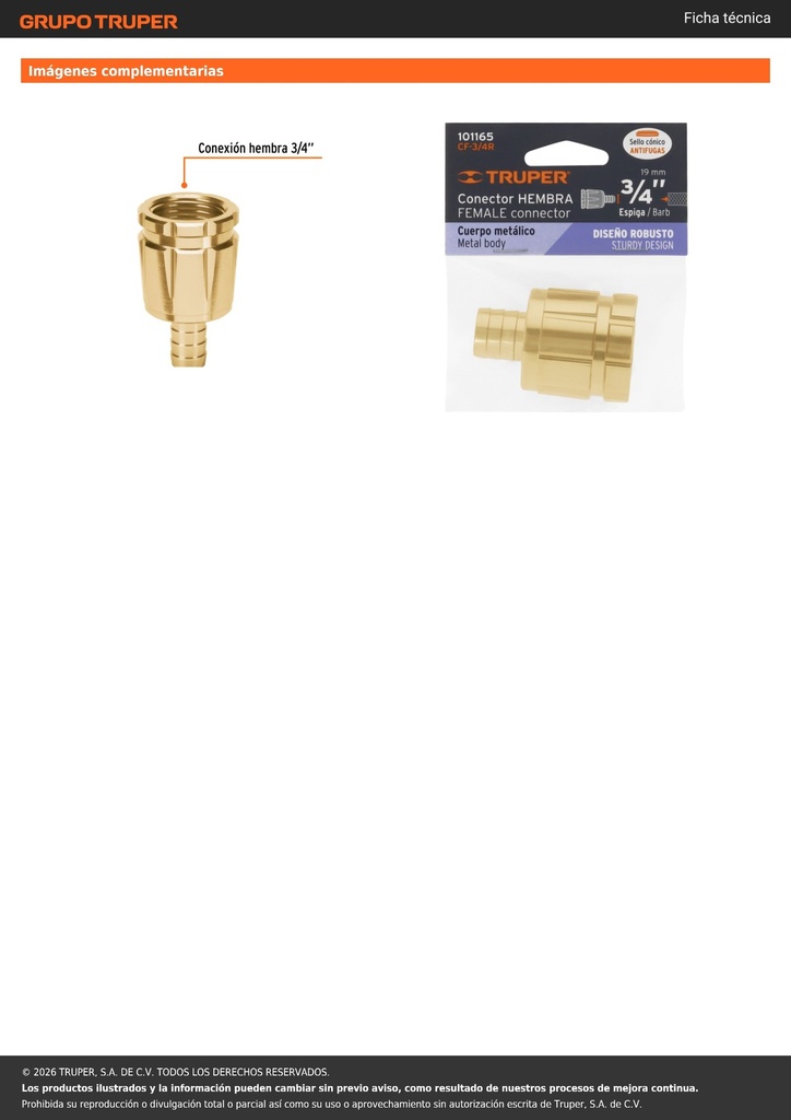 Conector 3/4' hembra robusto de aluminio, TRUPER