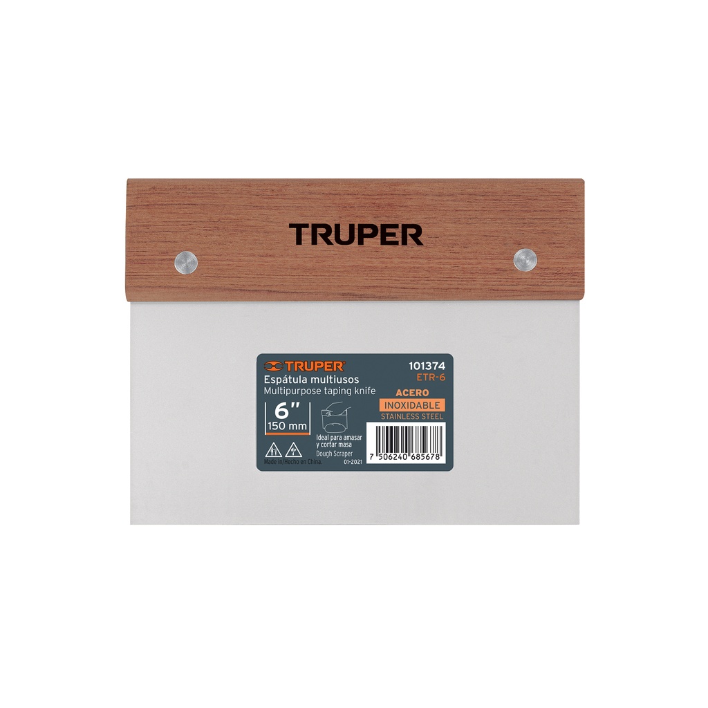 Espátula rectangular 6' x 3' acero inoxidable, mango madera