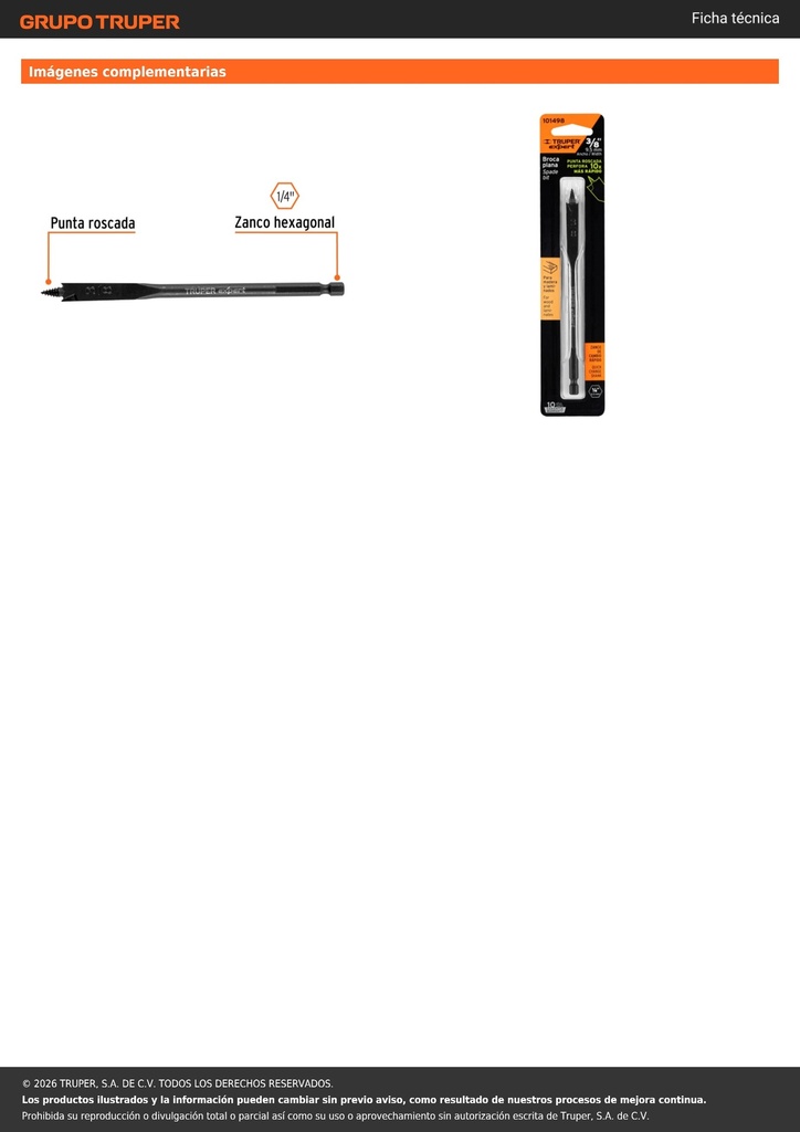 Broca plana de manita 3/8' para madera, TRUPER EXPERT