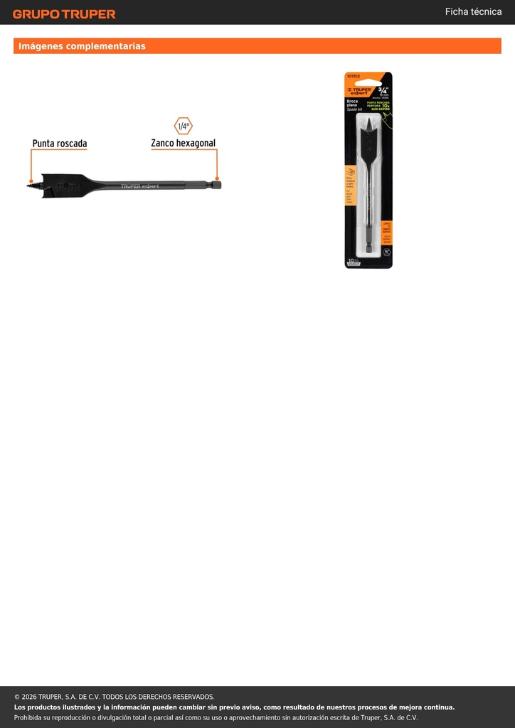 Broca plana de manita 3/4' para madera, TRUPER EXPERT