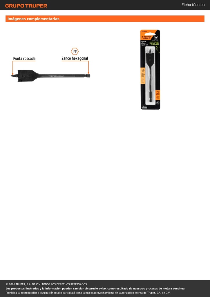 Broca plana de manita 7/8' para madera, TRUPER EXPERT