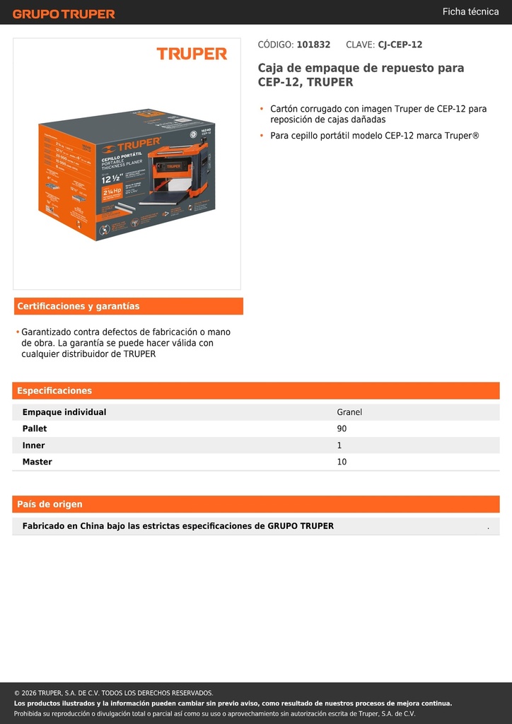 Caja de empaque de repuesto para CEP-12, TRUPER