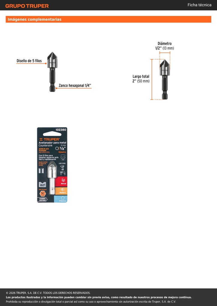 Avellanador HSS cambio rápido 1/2', TRUPER