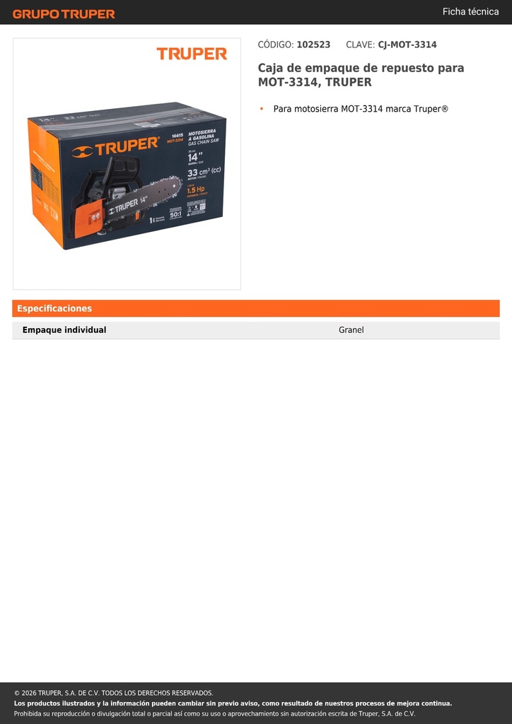 Caja de empaque de repuesto para MOT-3314, TRUPER