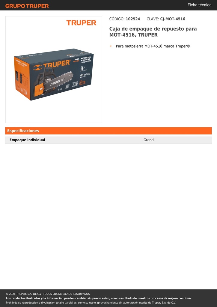 Caja de empaque de repuesto para MOT-4516, TRUPER