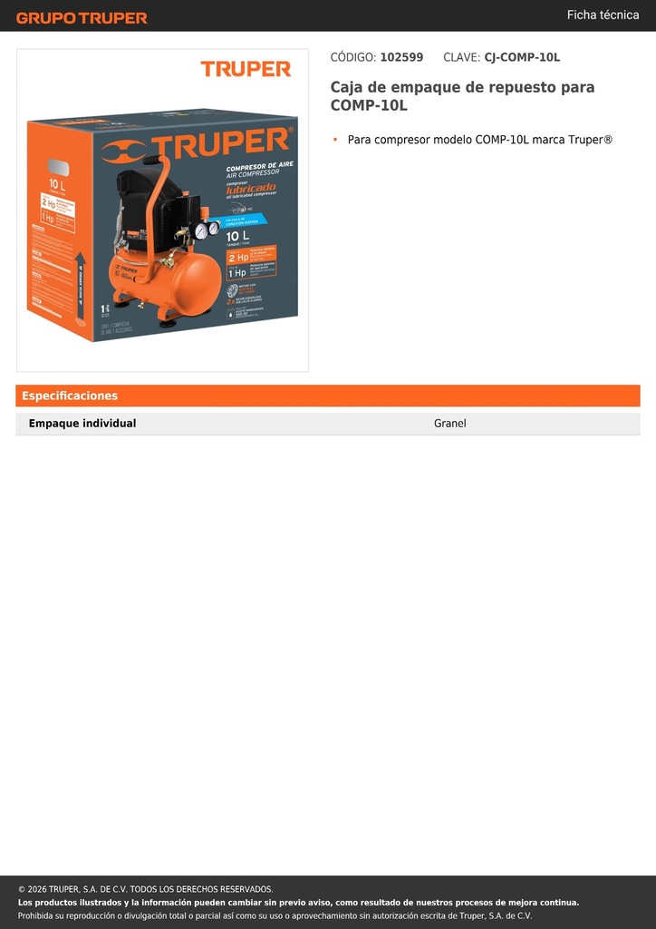 Caja de empaque de repuesto para COMP-10L