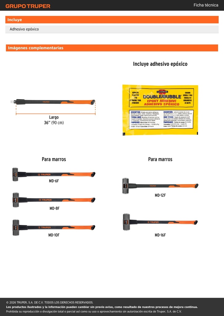 Mango de fibra d/vidrio para marros de 6 a 16 lb, 36',Truper
